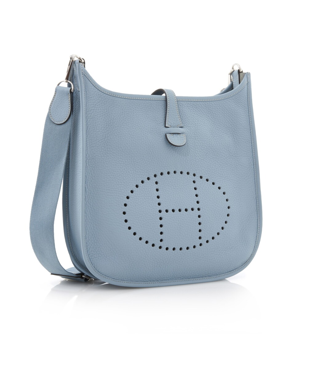 View full screen - View 1 of Lot 30. Ciel leather, canvas and palladium hardware Evelyne PM 29, Hermès, 2012.