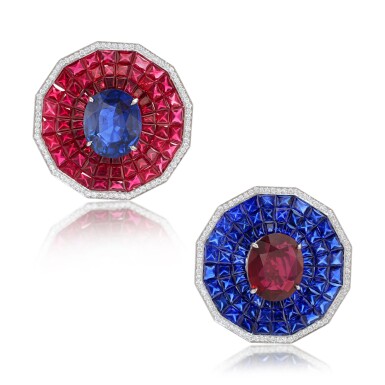 View full screen - View 1 of Lot 837. Pair of Ruby, Sapphire and Diamond Earrings.