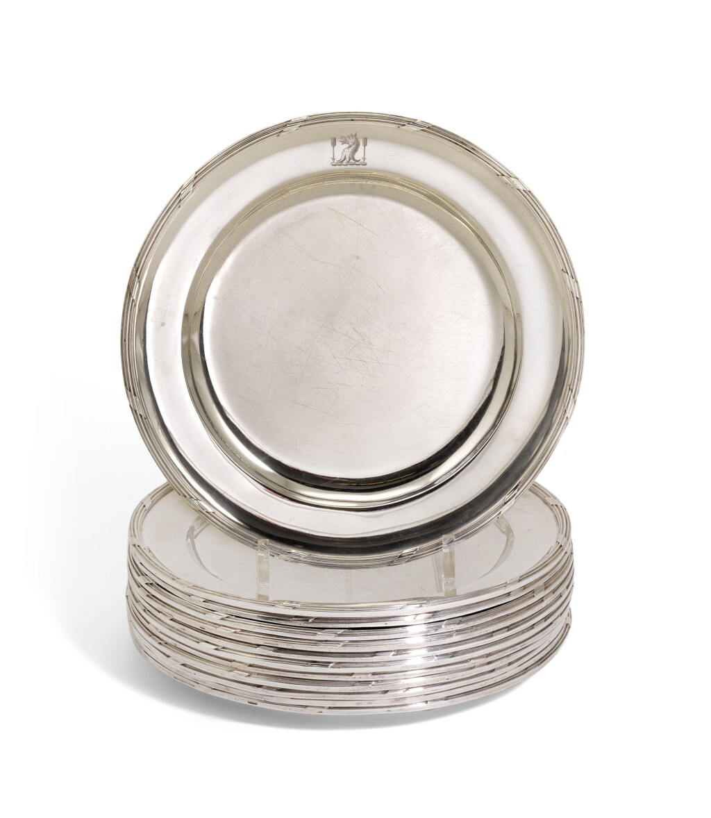 View full screen - View 1 of Lot 58. A SET OF TWELVE GEORGE III SILVER DINNER PLATES, HENRY NUTTING, LONDON, 1806.