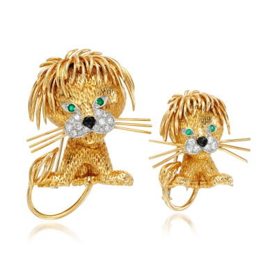 View full screen - View 1 of Lot 73. Pair of gem set and diamond brooches, 'Lion ébouriffé', 1960s.