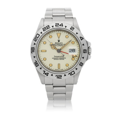 View full screen - View 1 of Lot 402. EXPLORER II, REF 16550 RETAILED BY TIFFANY & CO.: STAINLESS STEEL WRISTWATCH WITH 24-HOUR INDICATION, DATE AND BRACELET CIRCA 1985.