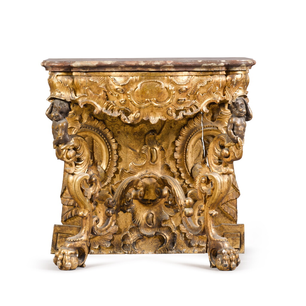 View full screen - View 1 of Lot 105. A German carved giltwood console table, Bavarian, second quarter 18th century.