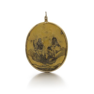View full screen - View 1 of Lot 671. A silver-gilt and niello pendant depicting Christ and other saints, maker in Cyrillic 'AB', Moscow, 1794.