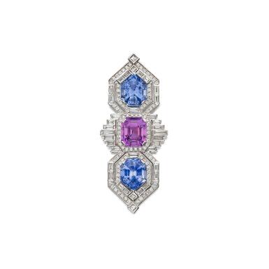 View full screen - View 1 of Lot 227. Sapphire, Pink Sapphire and Diamond Clip-Brooch.