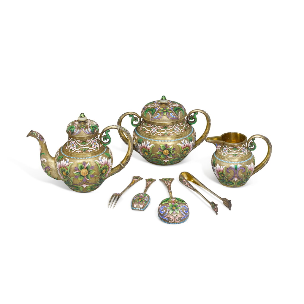 View full screen - View 1 of Lot 48. A silver-gilt and cloisonné enamel tea service, Maria Semenova, Moscow, 1899-1908.