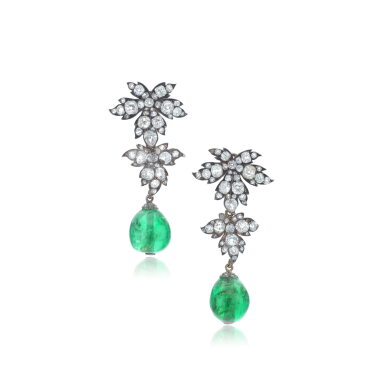 View full screen - View 1 of Lot 734. Pair of emerald and diamond pendent ear clips.