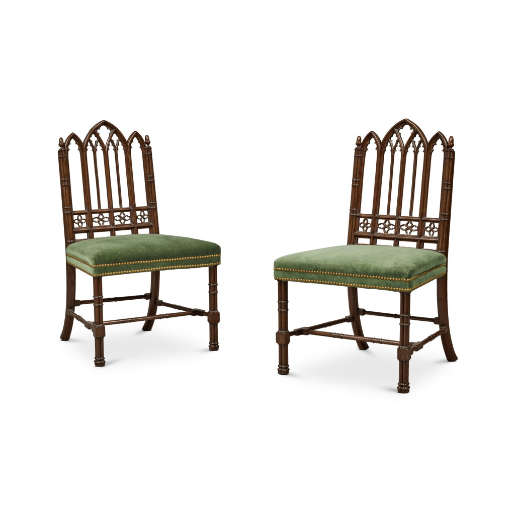 View full screen - View 1 of Lot 47. A Pair of George III 'Gothick' Mahogany Side Chairs, circa 1765.