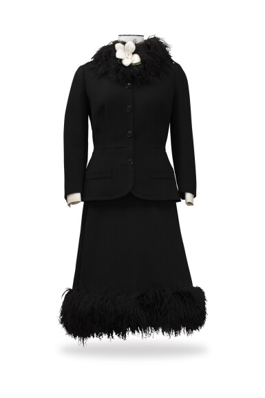 View full screen - View 1 of Lot 85. Nina Ricci, Haute Couture, circa 1967, Wool ensemble with curly wool collar | Tailleur en lainage garni à col amovible.