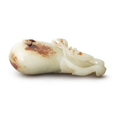 View full screen - View 1 of Lot 87. A white and russet jade 'praying mantis, butterfly and melon' group, Qing dynasty, 18th century.