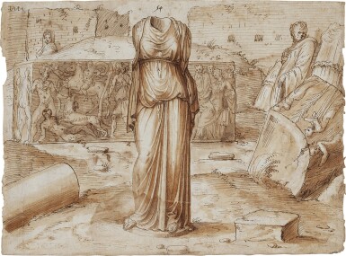 View full screen - View 1 of Lot 702. Recto: Figures standing amongst Classical sculptures Verso: A Figure sketching in the Colosseum.