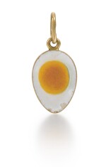 A Fabergé gold and champlevé enamel egg pendant in the shape of a hard-boiled egg, workmaster Wilhelm Reimer, St Petersburg, 1899-1904