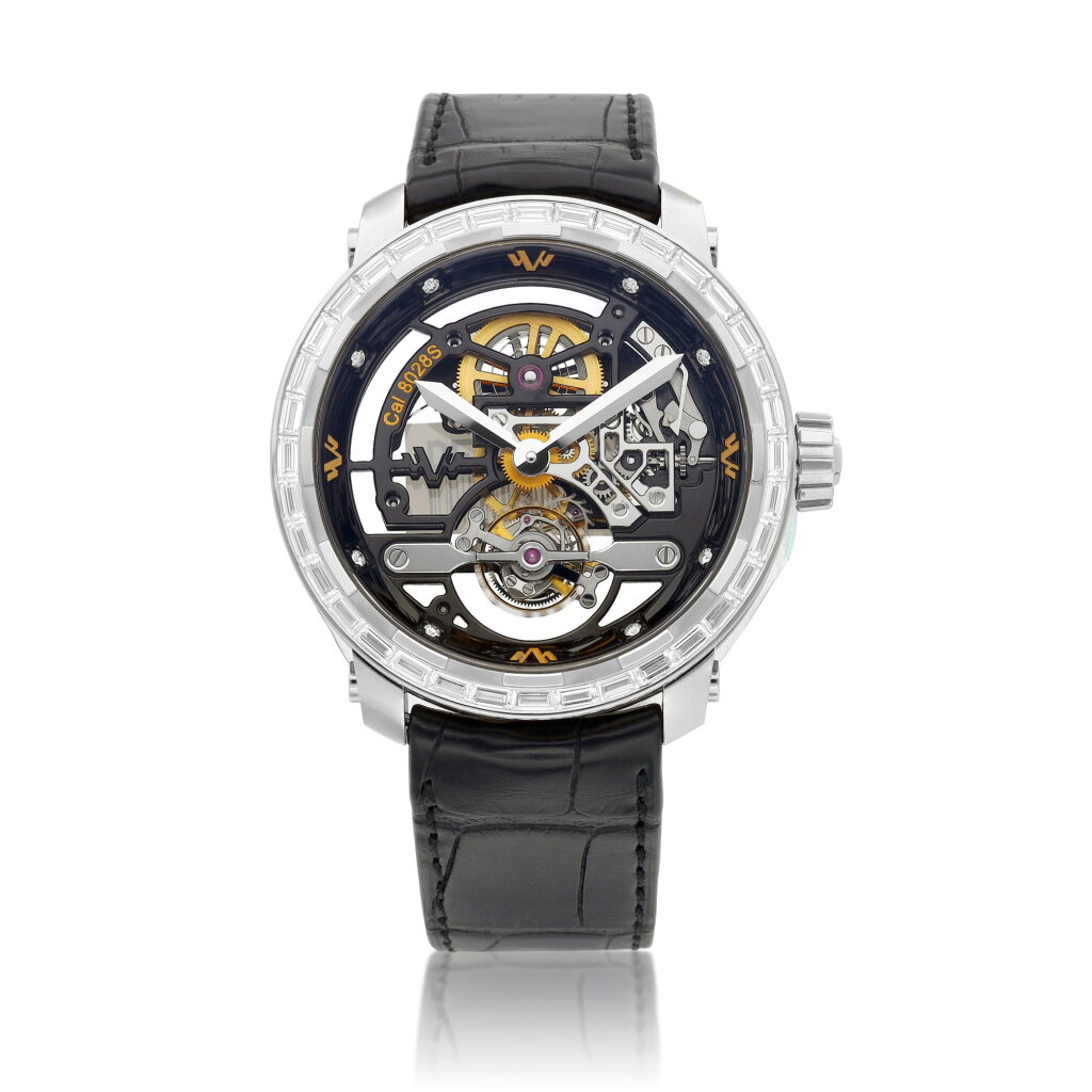 View full screen - View 1 of Lot 2293. Twenty-8-Eight | A limited edition white gold and diamond-set skeletonised tourbillon wristwatch with matching 18k white gold and baguette cut diamond-set cufflinks and pen, Circa 2010 | DeWitt | Twenty-8-Eight | 限量版白金鑲鑽石鏤空陀飛輪腕錶,附帶白金鑲長方形鑽石袖扣及圓珠筆,約2010年製.