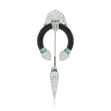 View full screen - View 1 of Lot 749. Onyx, emerald and diamond jabot brooch, 1920s.