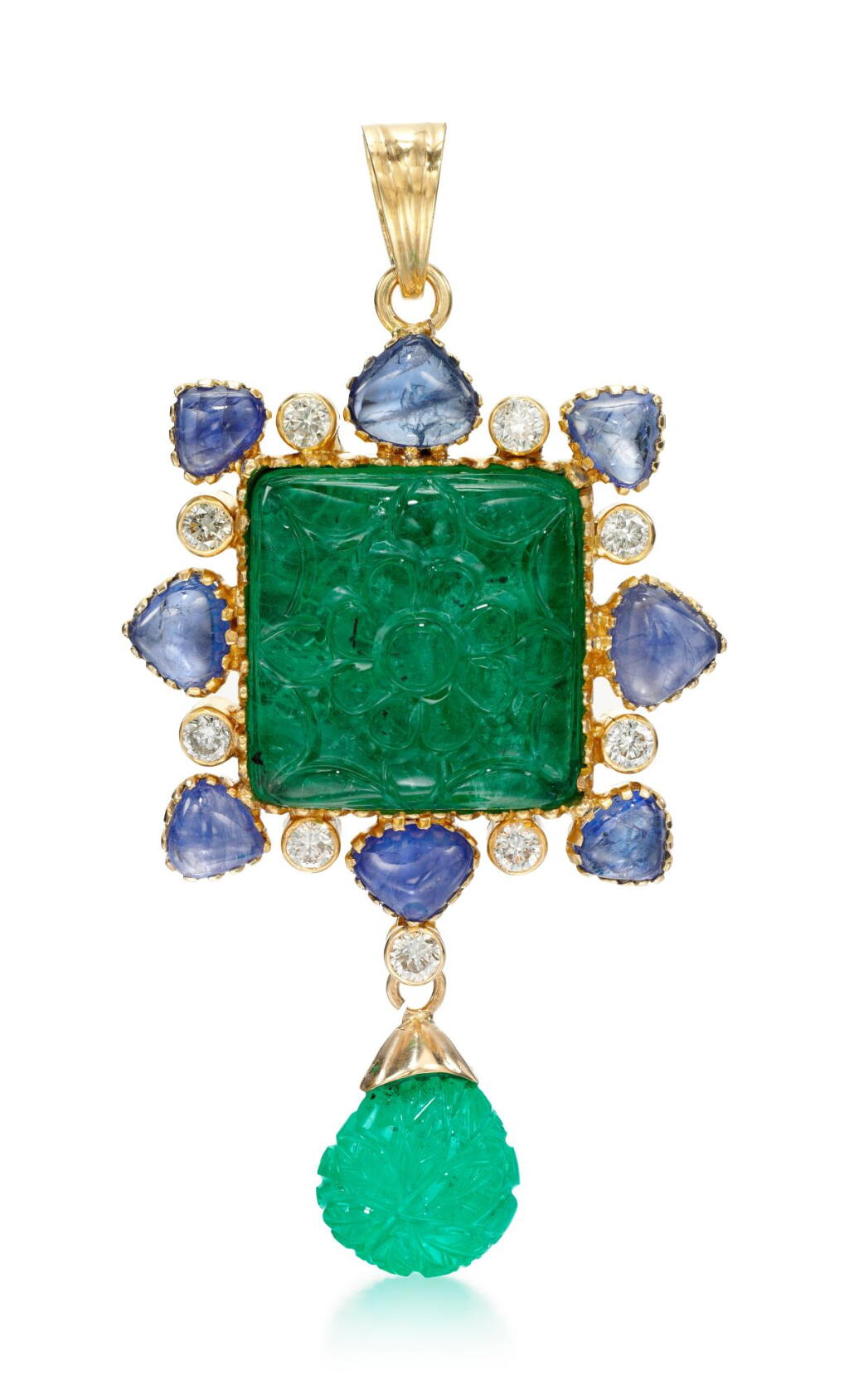 View full screen - View 1 of Lot 56. EMERALD, SAPPHIRE AND DIAMOND PENDANT.