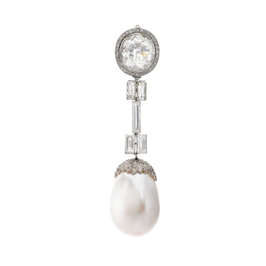 View full screen - View 1 of Lot 186. Natural Pearl and Diamond Brooch 天然珍珠配鑽石別針.