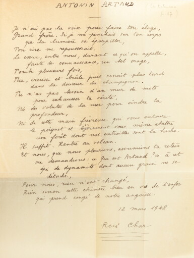 View full screen - View 1 of Lot 70. Les Matinaux. 1950. Demi-maroquin bleu de P.L. Martin. 1/28 exemplaires sur vélin de Hollande. Joint : poème manuscrit "Antonin Artaud"..