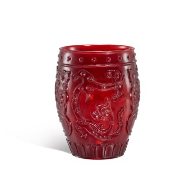 View full screen - View 1 of Lot 411. An imperial ruby-red glass archaistic 'chilong' cup, Seal mark and period of Qianlong 清乾隆 御製寶石紅料仿古螭龍鋪首紋盃 《乾隆年製》款.