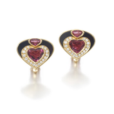 View full screen - View 1 of Lot 1218. Pair of tourmaline, onyx and diamond ear clips.