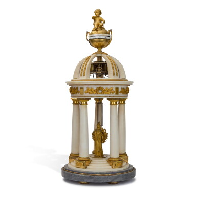 View full screen - View 1 of Lot 128. A Louis XVI alabaster, marble and gilt bronze 'aux cercles tournants' portico mantel clock, late 18th century | Louis XVI-Kaminpendule 'aux cercles tournants' aus Alabaster, Marmor und vergoldeter Bronze, Ende 18. Jh.