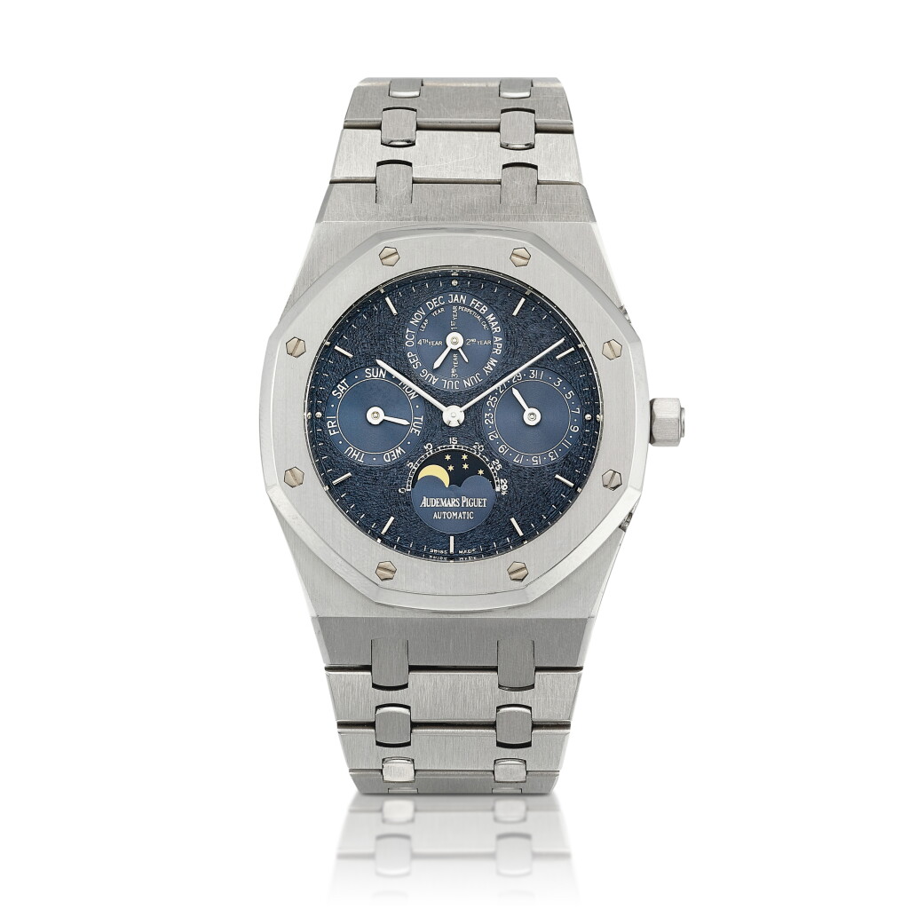 View full screen - View 1 of Lot 2038. Royal Oak Quantieme Perpetual , Reference 25820PT.OO.0944PT.01 | A platinum perpetual calendar bracelet watch with moon phases, leap year indication and Tuscan dial, Made in 2000 | 愛彼 | 皇家橡樹系列 Quantieme Perpetual 型號25820PT.OO.0944PT.01 | 鉑金萬年曆鏈帶腕錶,備月相、閏年顯示及Tuscan錶盤,2000年製.