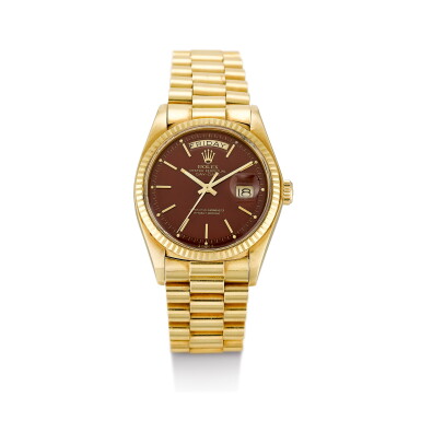 View full screen - View 1 of Lot 8242. Day-Date, Reference 1803 | A pink gold wristwatch with day, date, brown tobacco lacquered "Stella" dial and bracelet, Circa 1978 | 勞力士 Day-Date 型號1803 | 粉紅金鏈帶腕錶,備日期、星期顯示及啡色漆製"Stella"錶盤,約1978年製.