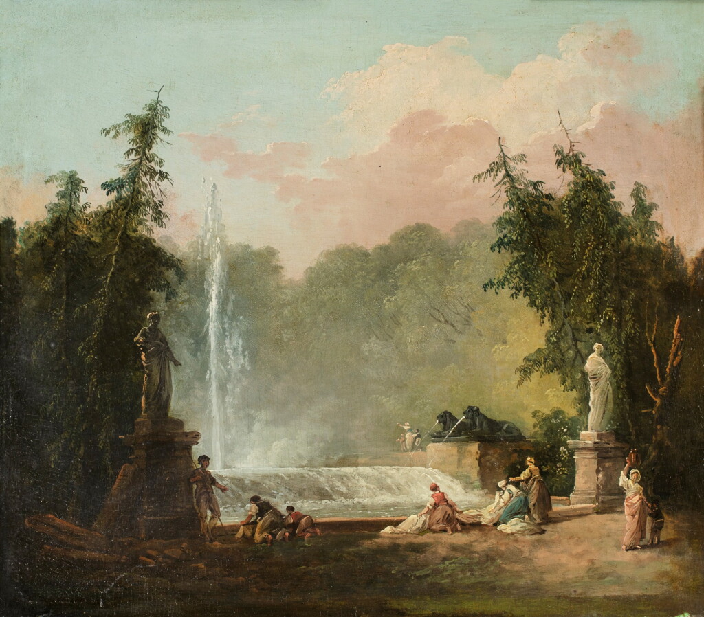 View full screen - View 1 of Lot 93. A fountain in a park | Les lavandières à la fontaine.