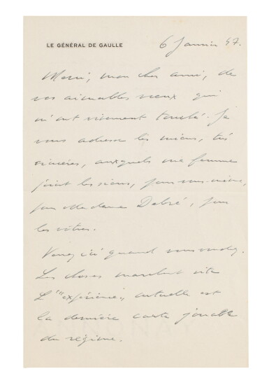 View full screen - View 1 of Lot 87. 2 lettres à Michel Debré. 6 janvier 1947 et 17 août 1964..
