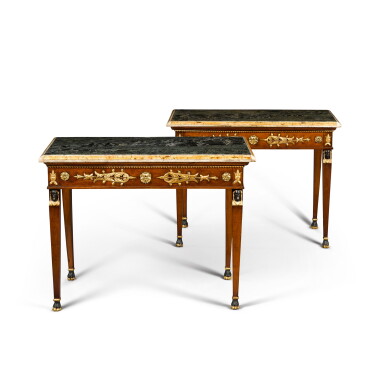 View full screen - View 1 of Lot 13. A pair of Italian gilt-metal mounted, parcel-gilt and walnut console tables, circa 1820.