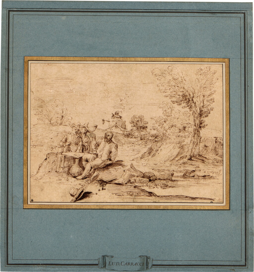 View full screen - View 1 of Lot 40. Wooded River Landscape with Three Men Drinking.