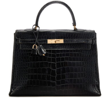 View full screen - View 1 of Lot 682. Vintage Black Shiny Crocodile Kelly 35 Sellier Gold Hardware.