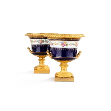 View full screen - View 1 of Lot 583. A pair of Neoclassical gilt-bronze mounted porcelain vases, circa 1800-1820, the porcelain almost certainly Sèvres.