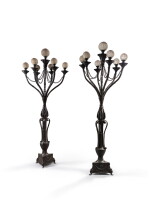 Paire de candélabres monumentaux en bronze patiné et fonte de fer, fin du XIXe siècle, d'après le modèle réalisé par Maso di Bartolomeo pour le Duomo de Pistoia