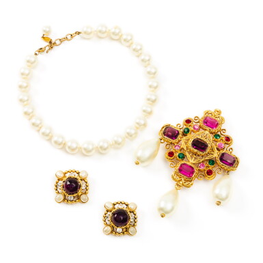 View full screen - View 1 of Lot 349. Set of Three: A Faux Pearls Chocker, 1983; A Faux Pearls and Pink Rhinestones Brooch by Victoire de Castellane, ca. 1983 and A Pair of Earrings Clips, ca. 1980 .