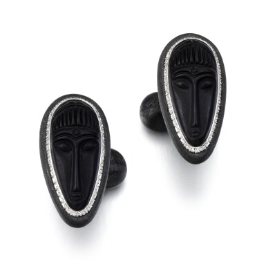 View full screen - View 1 of Lot 1037. Pair of carbon fibre, white gold, onyx and diamond cufflinks .