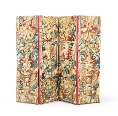 View full screen - View 1 of Lot 128. A tapestry fragments screen, Brussels, late 16th century | Paravent à quatre feuilles en fragments de tapisserie, Bruxelles, fin du XVIe siècle.