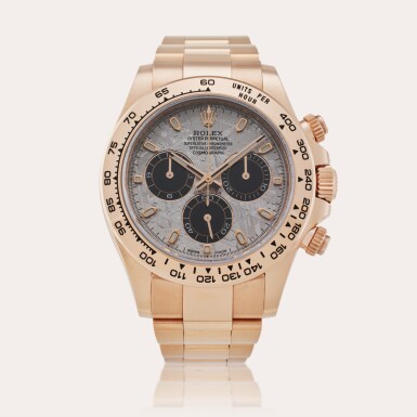 View full screen - View 1 of Lot 64. Reference 116505 Daytona | A pink gold automatic chronograph wristwatch with meteorite dial and bracelet, Circa 2023.