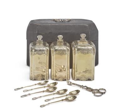 View full screen - View 1 of Lot 48. A George II Silver-Gilt Caddy Set In Shagreen Case, John Hugh Le Sage of London, Circa 1730.