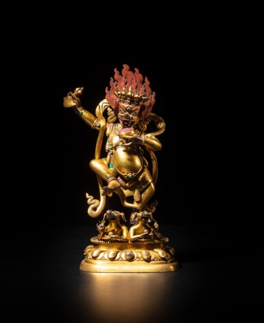 View full screen - View 1 of Lot 10. A rare gilt-bronze figure of Simhamukha, Qing dynasty, 18th century | 清十八世紀 銅鎏金獅面空行佛母立像.