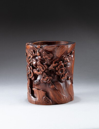 View full screen - View 1 of Lot 155. A carved inscribed bamboo 'plum tree' brush pot Qing dynasty, 18th century | 清十八世紀 竹雕果樹詩文筆筒.