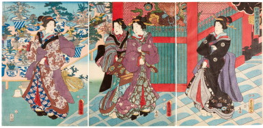 View full screen - View 1 of Lot 54. Utagawa Kunisada (1786-1865) Scene at the Gate of the Thunder God in Asakusa (Asakusa raijin-mon no kokei), Edo period, 19th century.