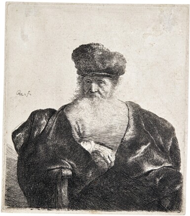 View full screen - View 1 of Lot 53. REMBRANDT HARMENSZ. VAN RIJN | OLD MAN WITH BEARD, FUR CAP, AND VELVET CLOAK (B., HOLL. 262; NEW HOLL. 92; H. 92).