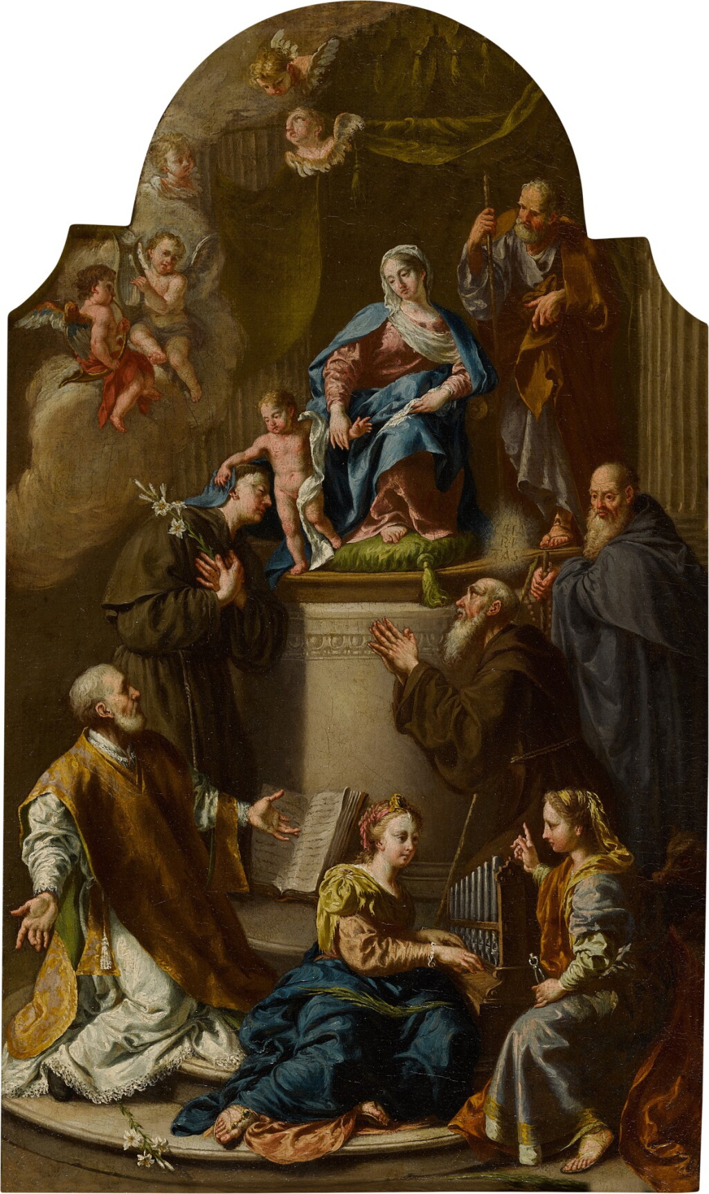 View full screen - View 1 of Lot 41. Holy Family with a Deacon, Saints Anthony of Padua, Cecilia, Francis of Paola, Apollonia, and Anthony Abbott, with Two Musical Angels and Three Seraphs.