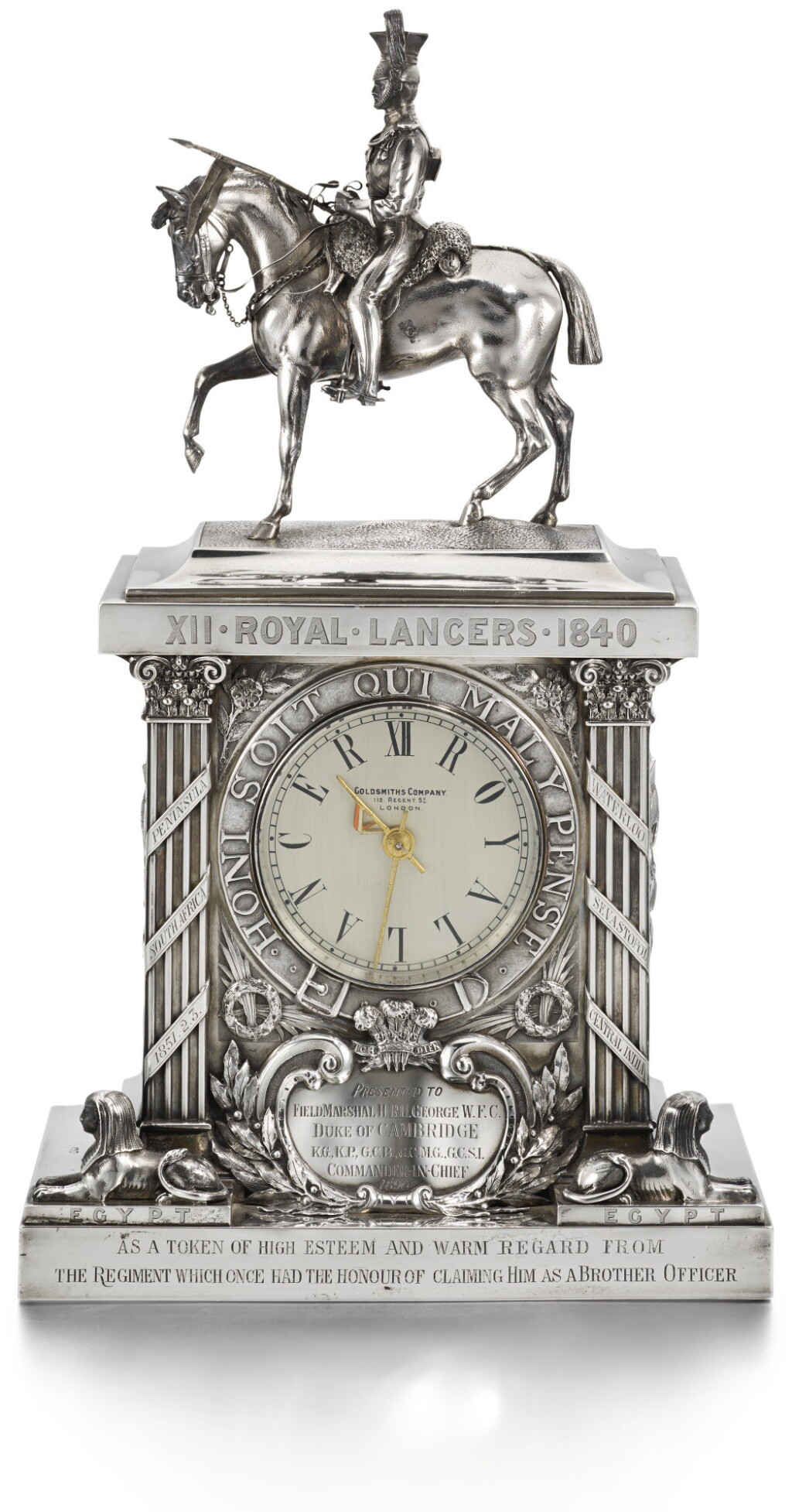 View full screen - View 1 of Lot 122. THE 12TH ROYAL LANCERS: A VICTORIAN SILVER-CASED TIMEPIECE, MAKER'S MARK OF WILLIAM GIBSON AND JOHN LAWRENCE LANGHAM TRADING AS THE GOLDSMITHS' & SILVERSMITHS' CO. AS RETAILERS, LONDON, 1890.