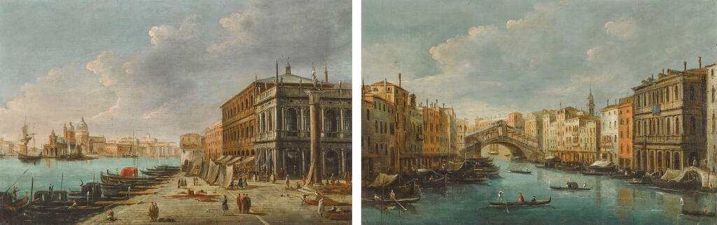 View full screen - View 1 of Lot 224. Venice, a view of the Molo with the Dogana and Santa Maria della Salute in the distance; Venice, a view of the Grand Canal with the Rialto Bridge.