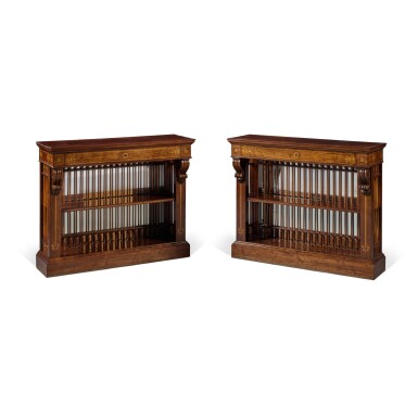 View full screen - View 1 of Lot 36. A Pair of Charles X Bois Citronnier Marquetry Mahogany Consoles Desserte, Circa 1830.