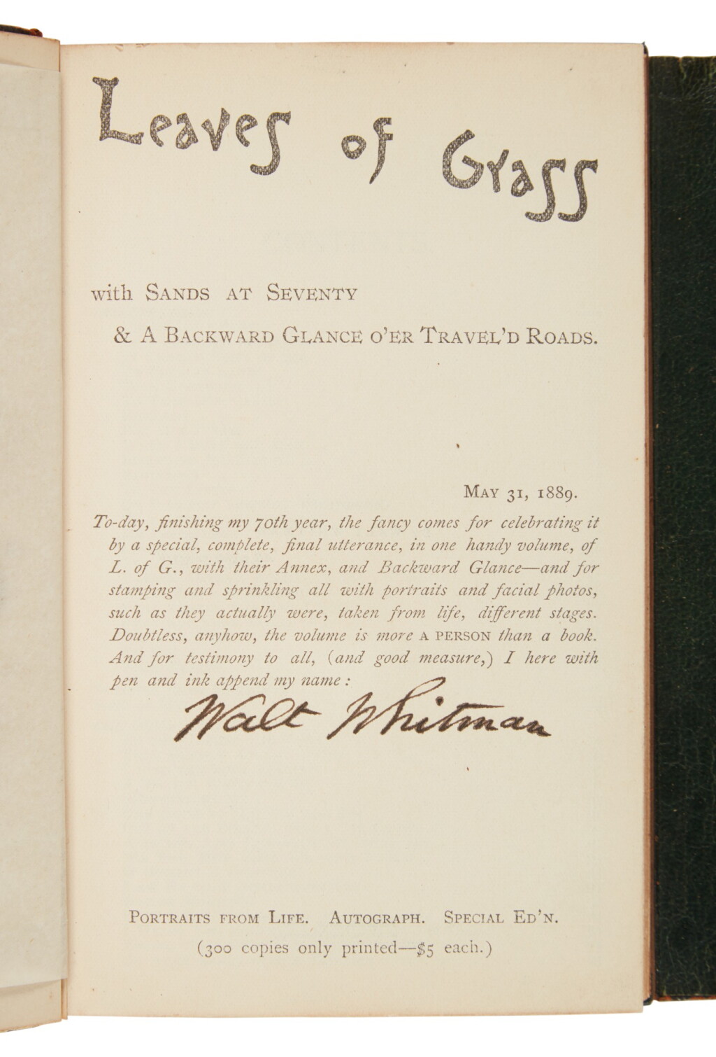 View full screen - View 1 of Lot 175. Whitman, Walt | One of only 300 copies, signed by the author.