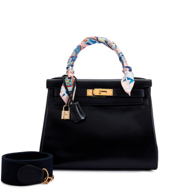 View full screen - View 1 of Lot 6201. Vintage Black Box Kelly 28 Retourné Gold Hardware, 1996 and Twilly.