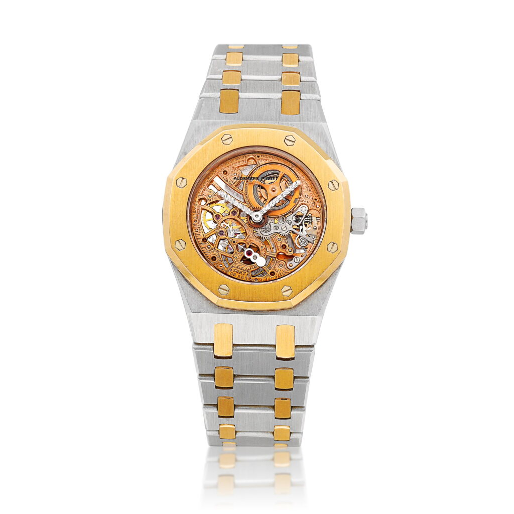 View full screen - View 1 of Lot 8026. Royal Oak, Reference 14794PR | A limited edition platinum, pink gold and diamond-set skeletonised bracelet watch, Circa 1999 | 愛彼 | 皇家橡樹系列 型號14794PR | 限量版鉑金及粉紅金鑲鑽石鏤空鏈帶腕錶,約1999年製.