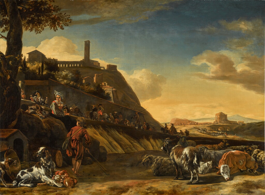 View full screen - View 1 of Lot 38. An extensive Italianate landscape with shepherds on a path by a village.