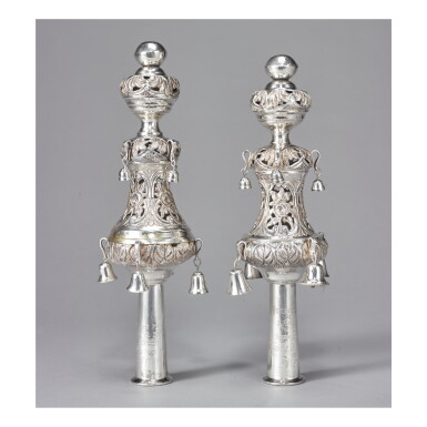 View full screen - View 1 of Lot 68. A PAIR OF POLISH SILVER TORAH FINIALS, S. SCKARLAT, WARSAW, 1884.